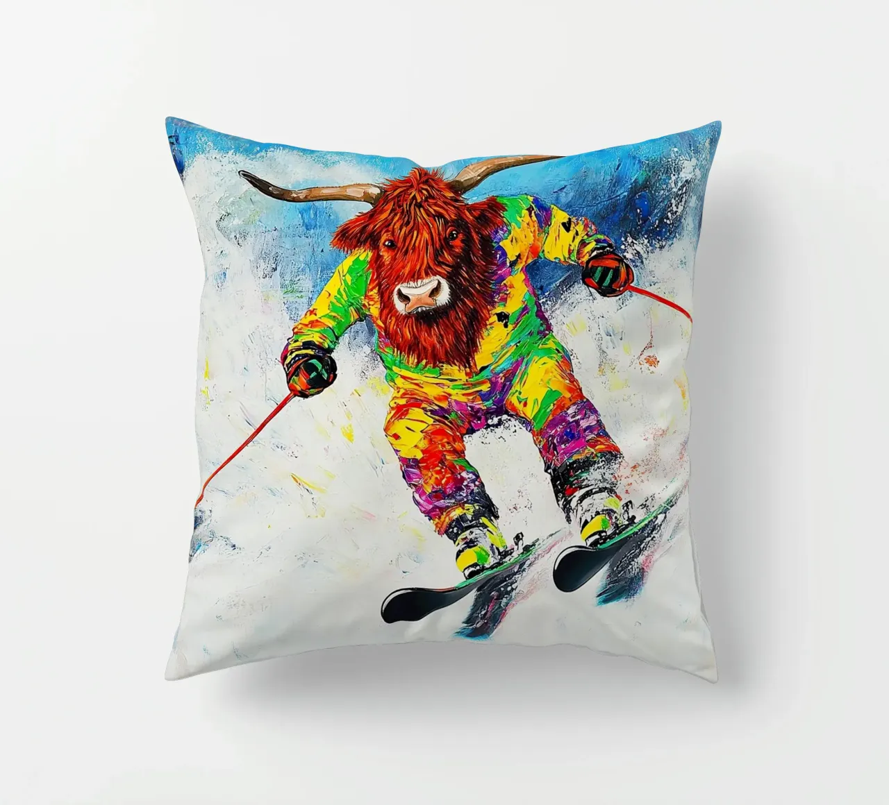 Highland Cow Ski Wintersport Winter Schnee Kissen von Nikis Art Studio