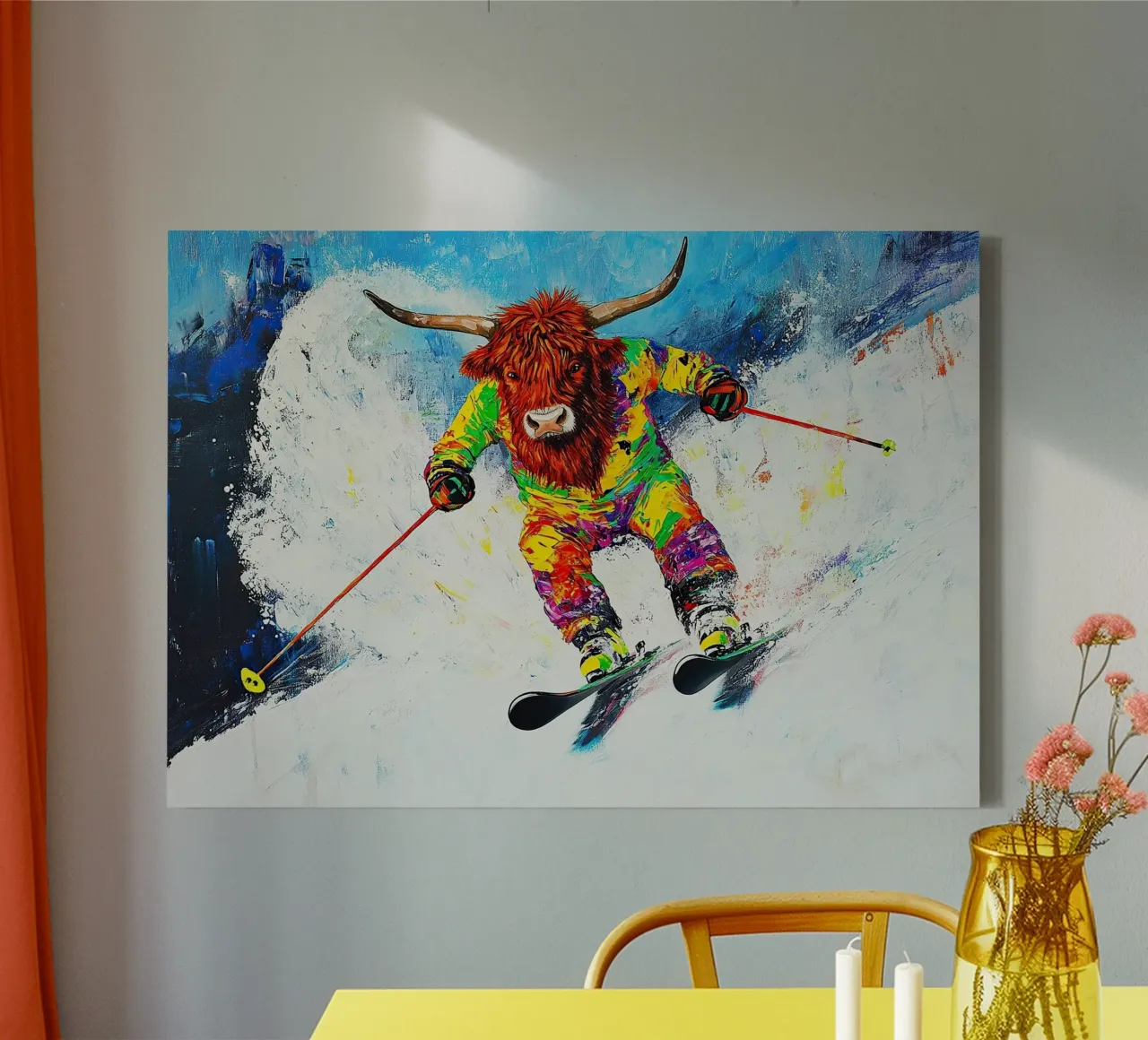 Highland Cow Esquí Deportes de invierno Invierno Nieve lienzo con Marco flotante de Nikis Art Studio