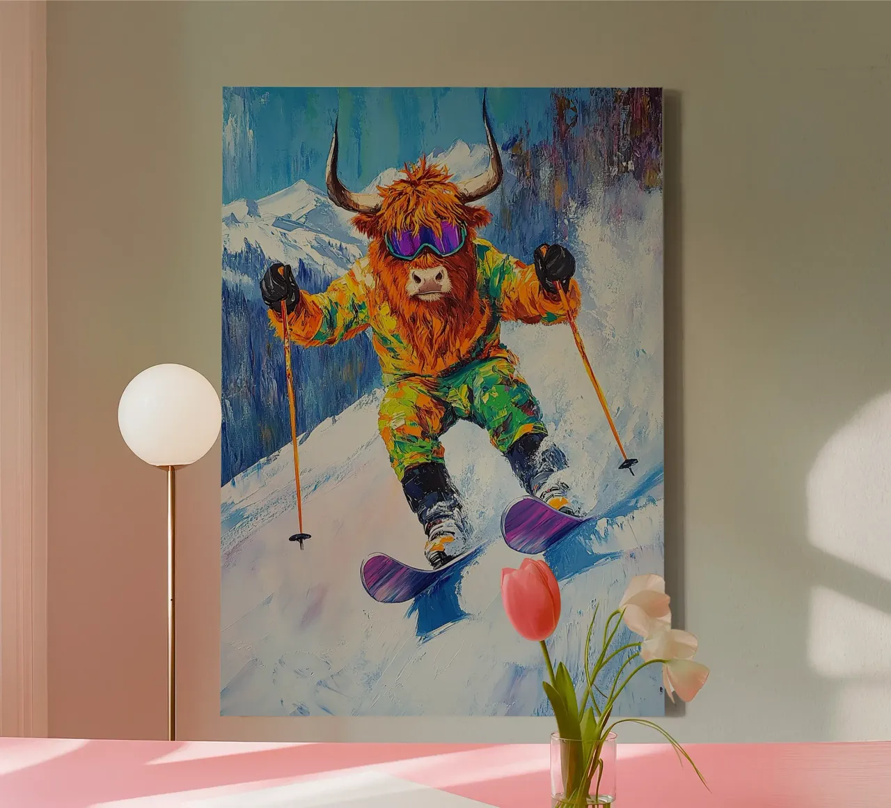 Highland Cow Esquí Deportes de invierno Invierno Nieve lienzo con Marco flotante de Nikis Art Studio