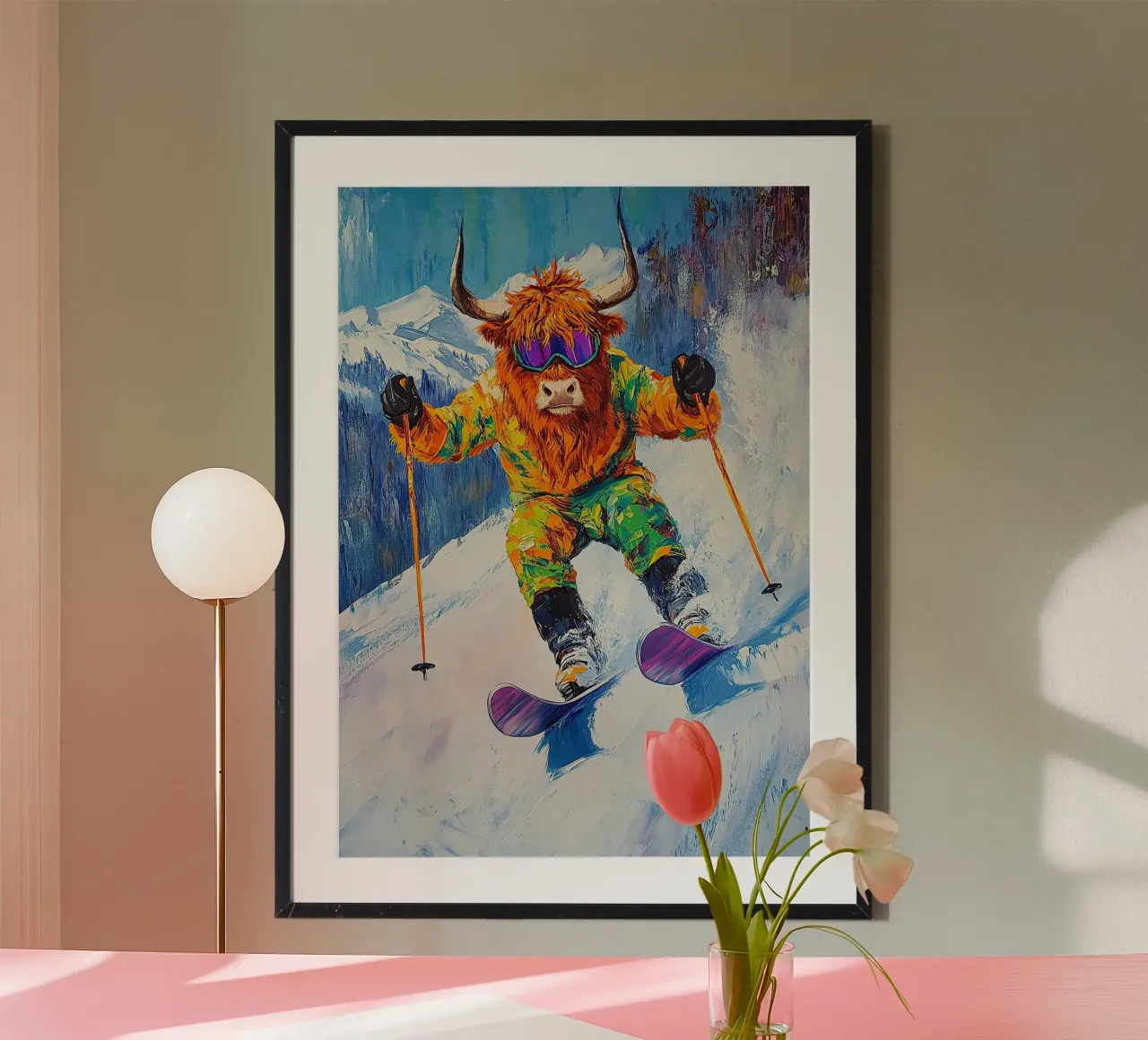 Highland Cow Sci Sport invernali Neve invernale poster da Nikis Art Studio