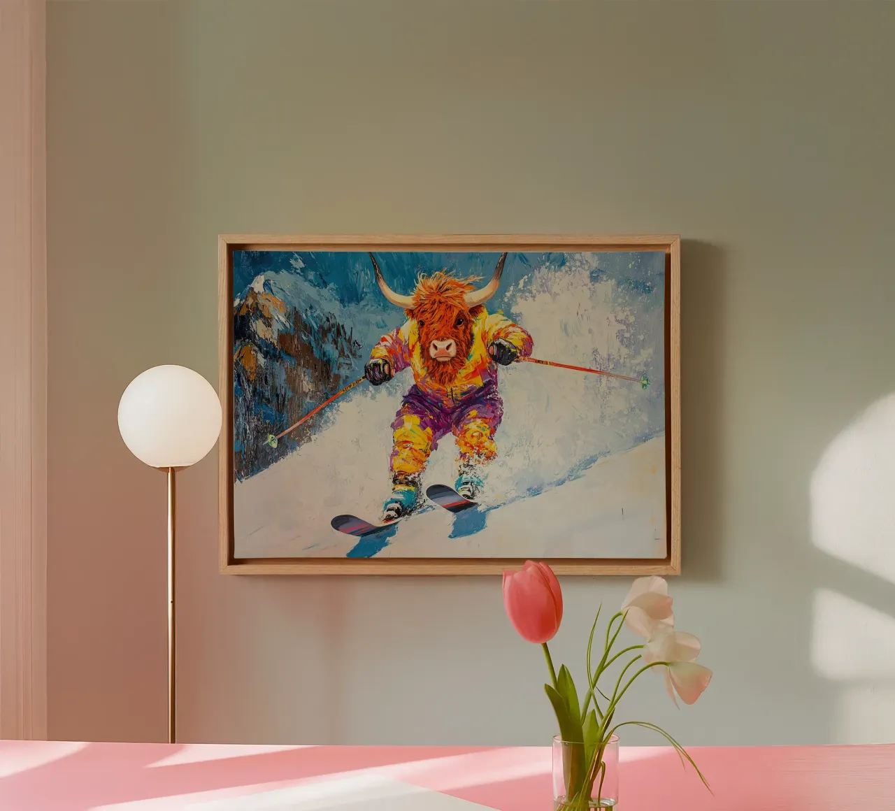 Highland Cow Esquí Deportes de invierno Invierno Nieve lienzo con Marco flotante de Nikis Art Studio
