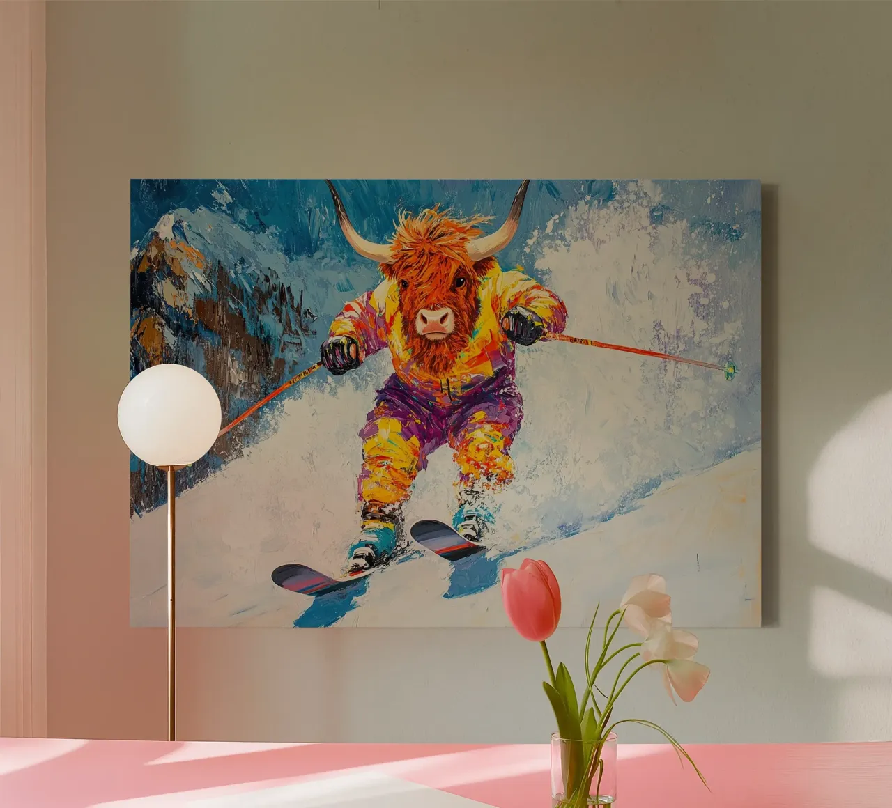 Highland Cow Esquí Deportes de invierno Invierno Nieve lienzo con Marco flotante de Nikis Art Studio