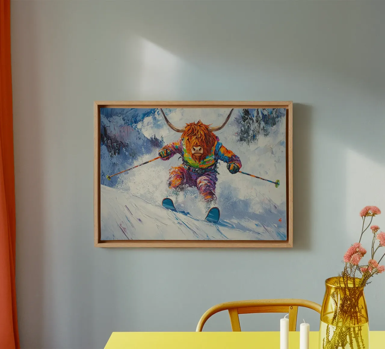 Highland Cow Esquí Deportes de invierno Invierno Nieve lienzo con Marco flotante de Nikis Art Studio