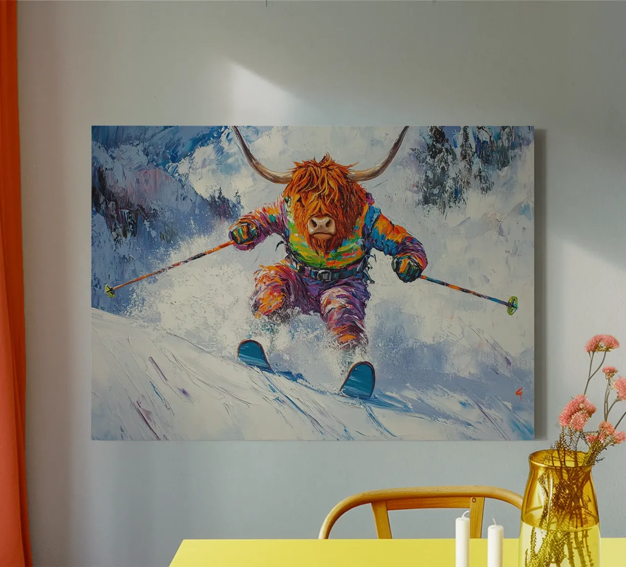 Highland Cow Esquí Deportes de invierno Invierno Nieve lienzo con Marco flotante de Nikis Art Studio