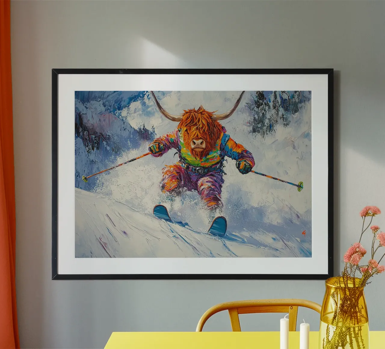 Highland Cow Sci Sport invernali Neve invernale poster da Nikis Art Studio