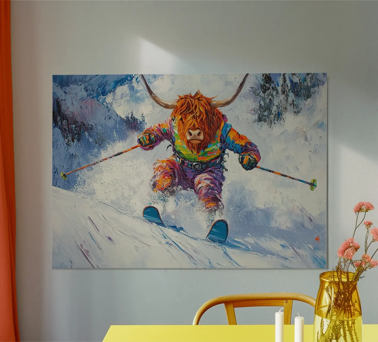 Highland Cow Sci Sport invernali Neve invernale poster da Nikis Art Studio