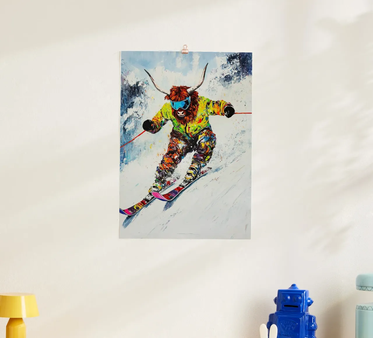 Highland Cow Sci Sport invernali Neve invernale poster con telaio in legno da Nikis Art Studio