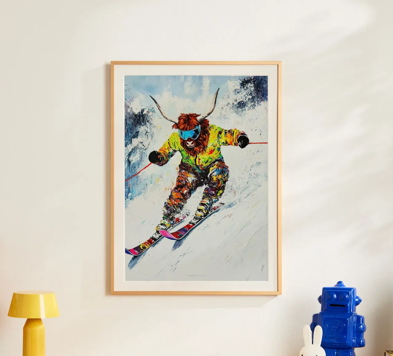 Highland Cow Sci Sport invernali Neve invernale poster con telaio in legno da Nikis Art Studio