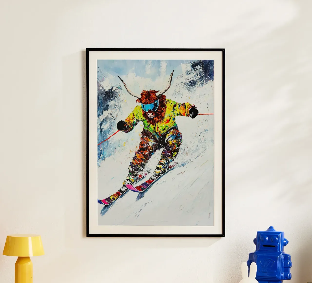 Highland Cow Sci Sport invernali Neve invernale poster con telaio in legno da Nikis Art Studio
