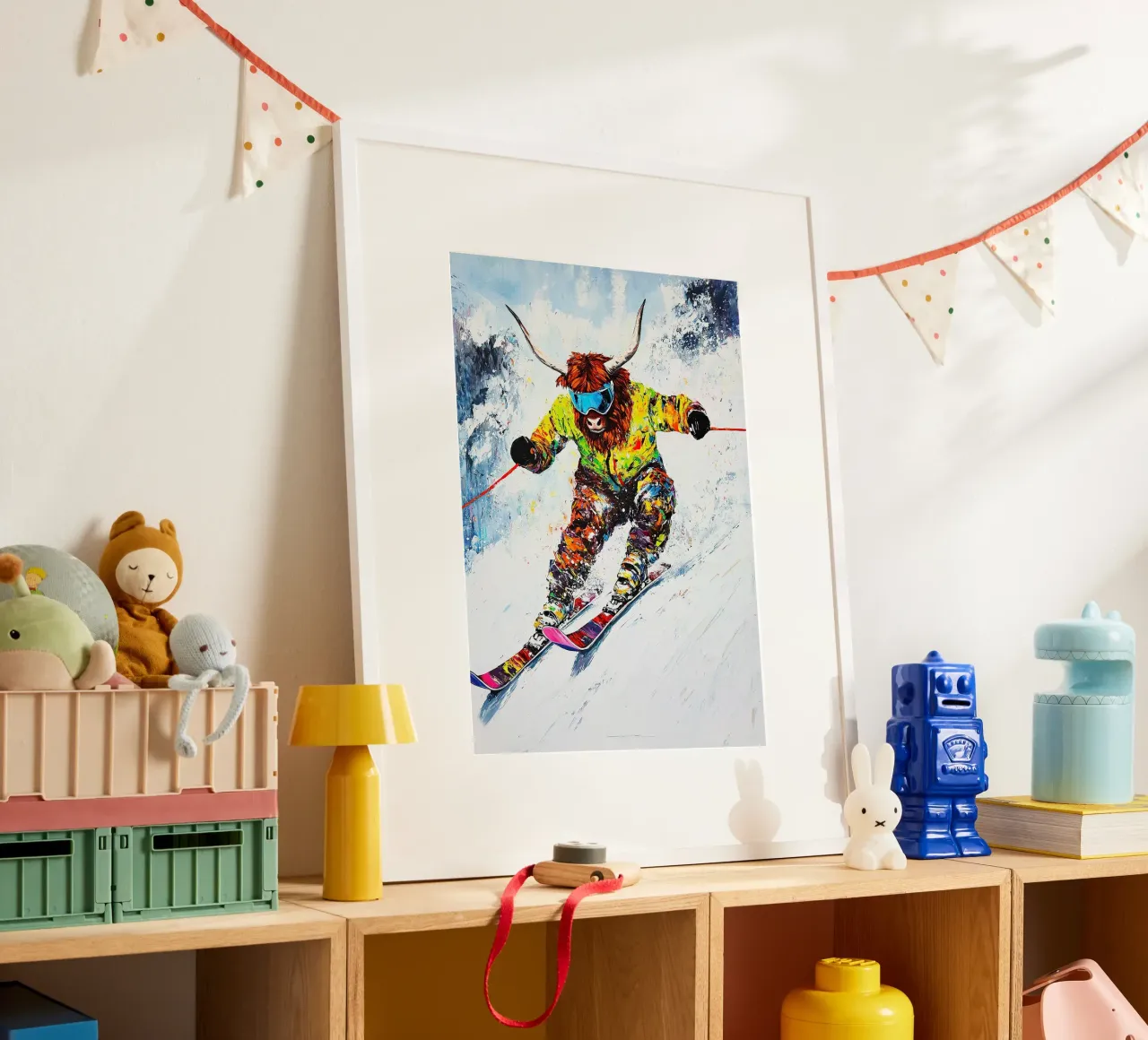 Highland Cow Sci Sport invernali Neve invernale poster con telaio in legno da Nikis Art Studio