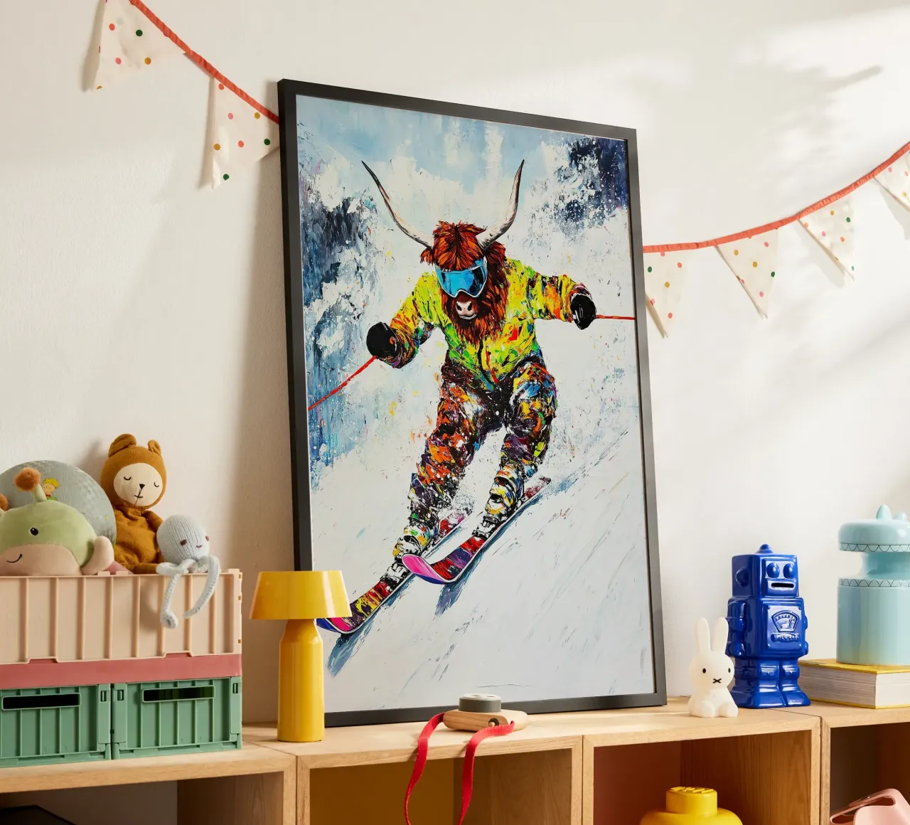 Highland Cow Sci Sport invernali Neve invernale poster con telaio in legno da Nikis Art Studio