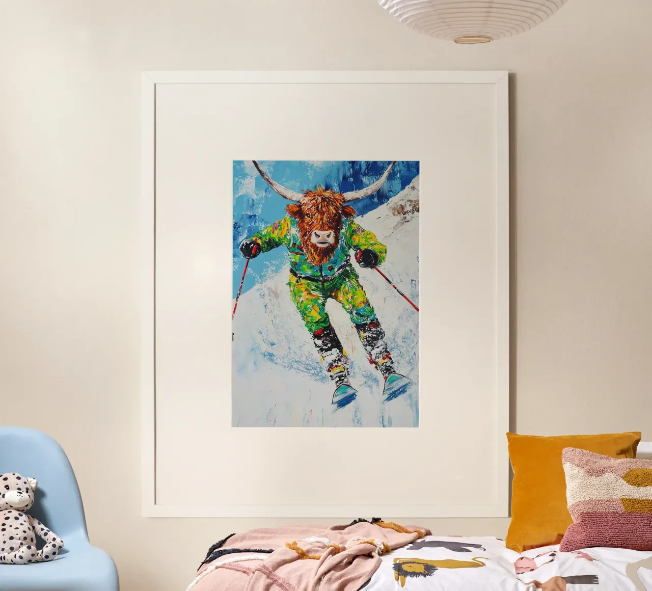 Highland Cow Sci Sport invernali Neve invernale poster con telaio in legno da Nikis Art Studio