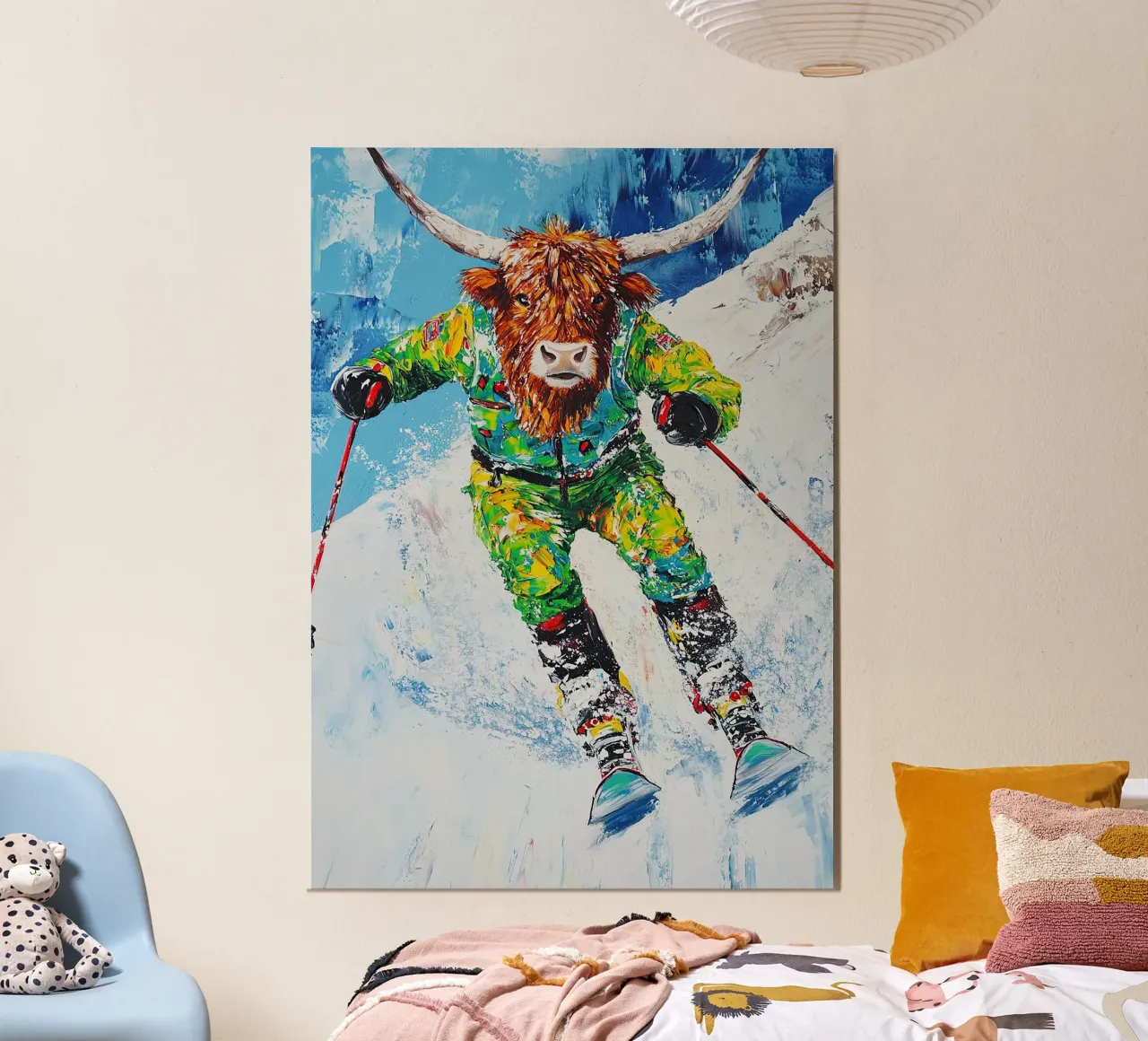 Highland Cow Sci Sport invernali Neve invernale poster con telaio in legno da Nikis Art Studio