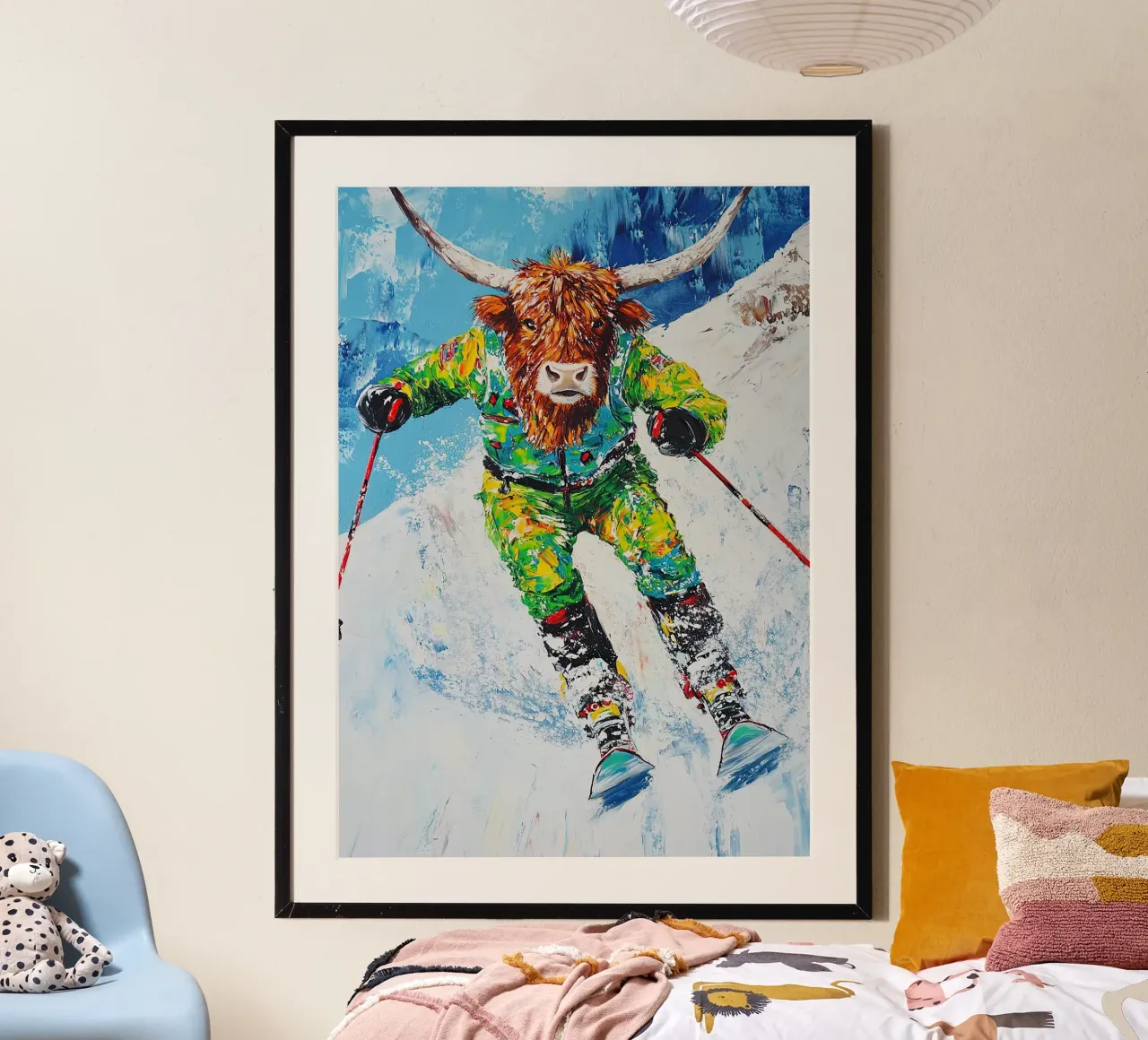 Highland Cow Sci Sport invernali Neve invernale poster con telaio in legno da Nikis Art Studio