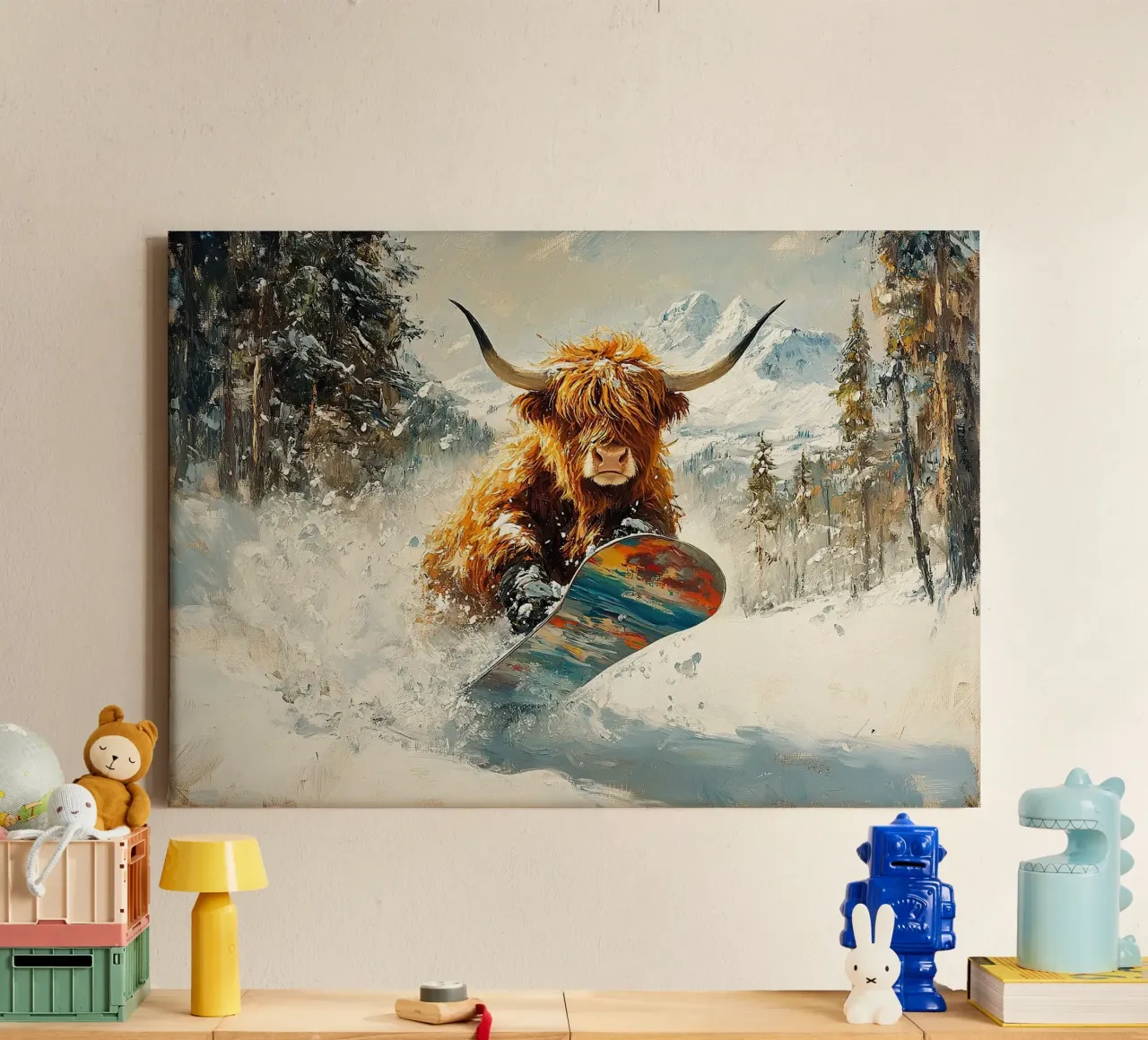 Highland Vaca Snowboard Wintersport Invierno Schnee lienzo con Marco flotante de Nikis Art Studio