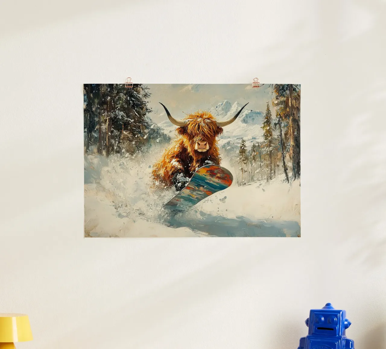 Highland Cow Snowboard Wintersport Winter Schnee poster da Nikis Art Studio