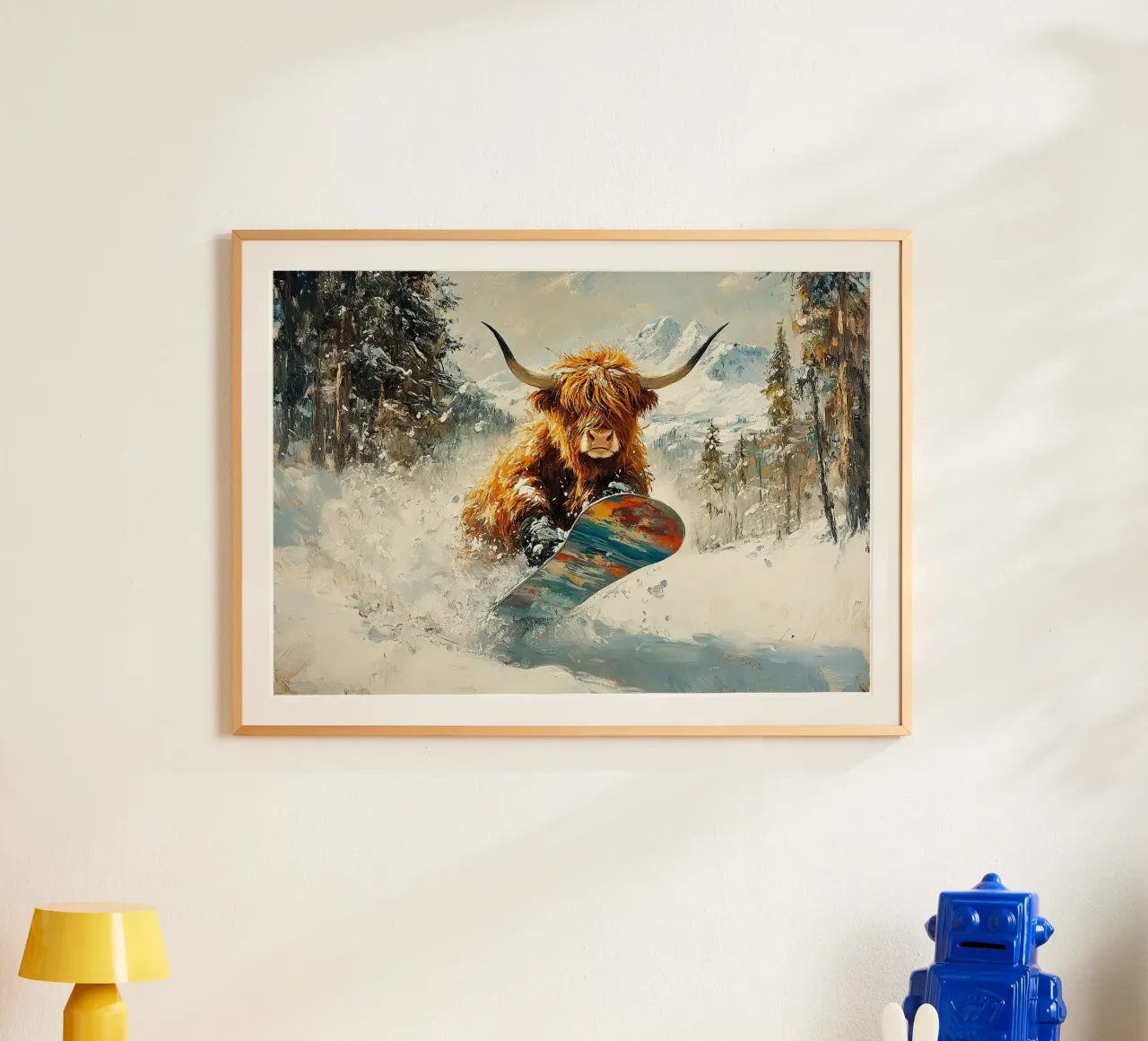 Highland Cow Snowboard Wintersport Winter Schnee poster da Nikis Art Studio