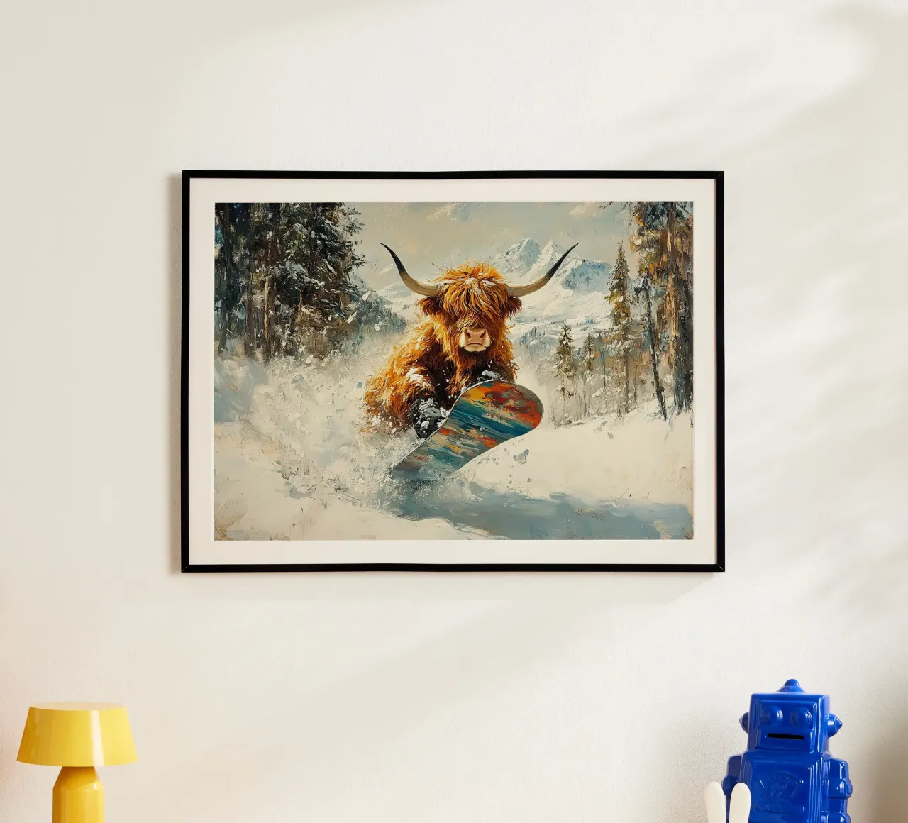Highland Cow Snowboard Wintersport Winter Schnee poster da Nikis Art Studio