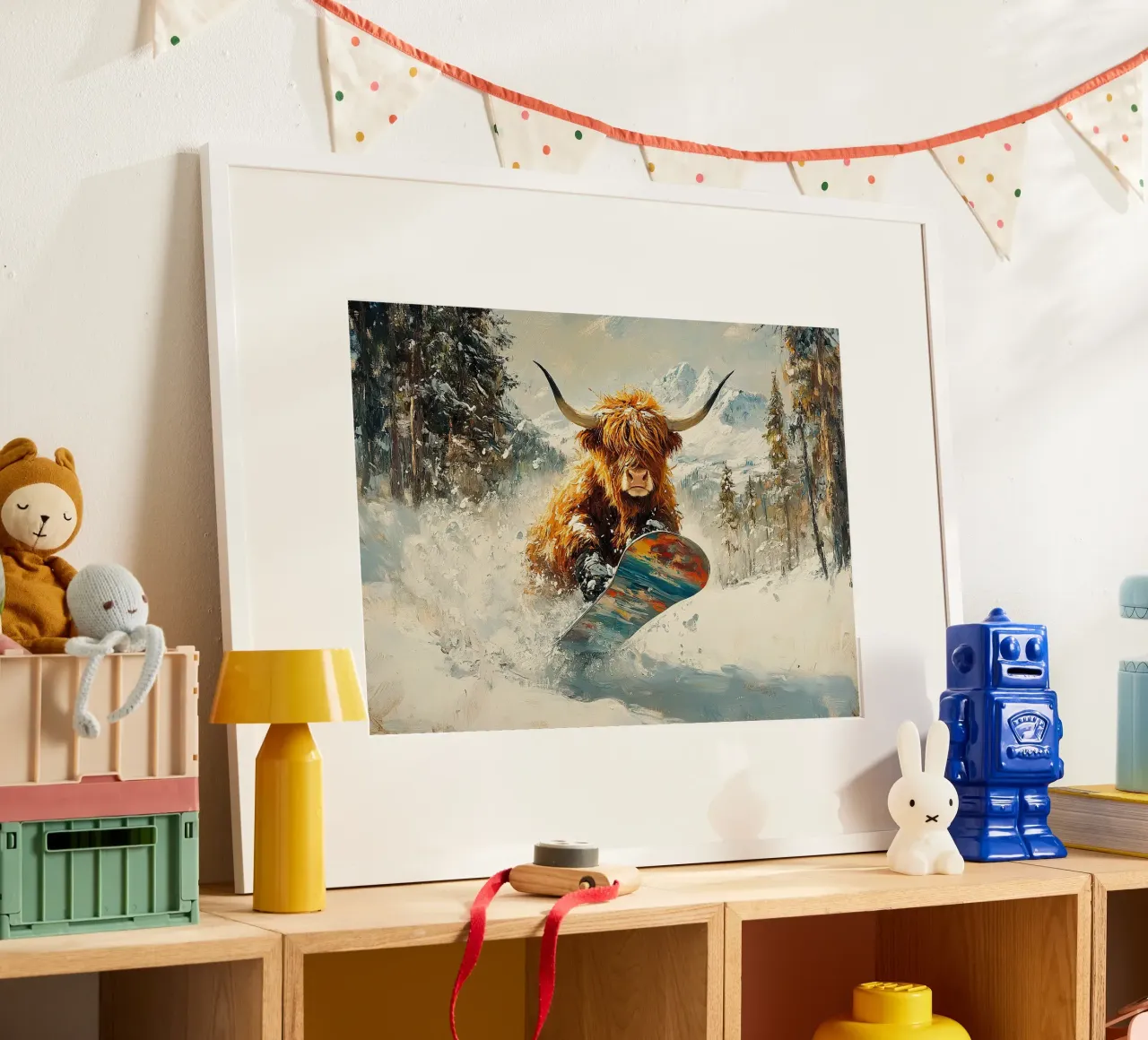 Highland Cow Snowboard Wintersport Winter Schnee poster da Nikis Art Studio