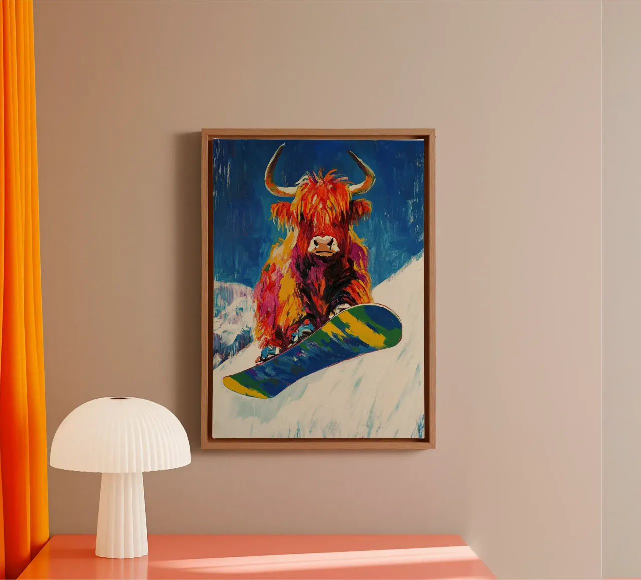 Highland Vaca Snowboard Wintersport Invierno Schnee lienzo con Marco flotante de Nikis Art Studio
