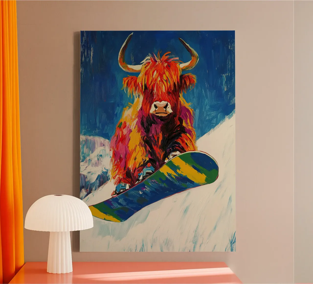 Highland Vaca Snowboard Wintersport Invierno Schnee lienzo con Marco flotante de Nikis Art Studio