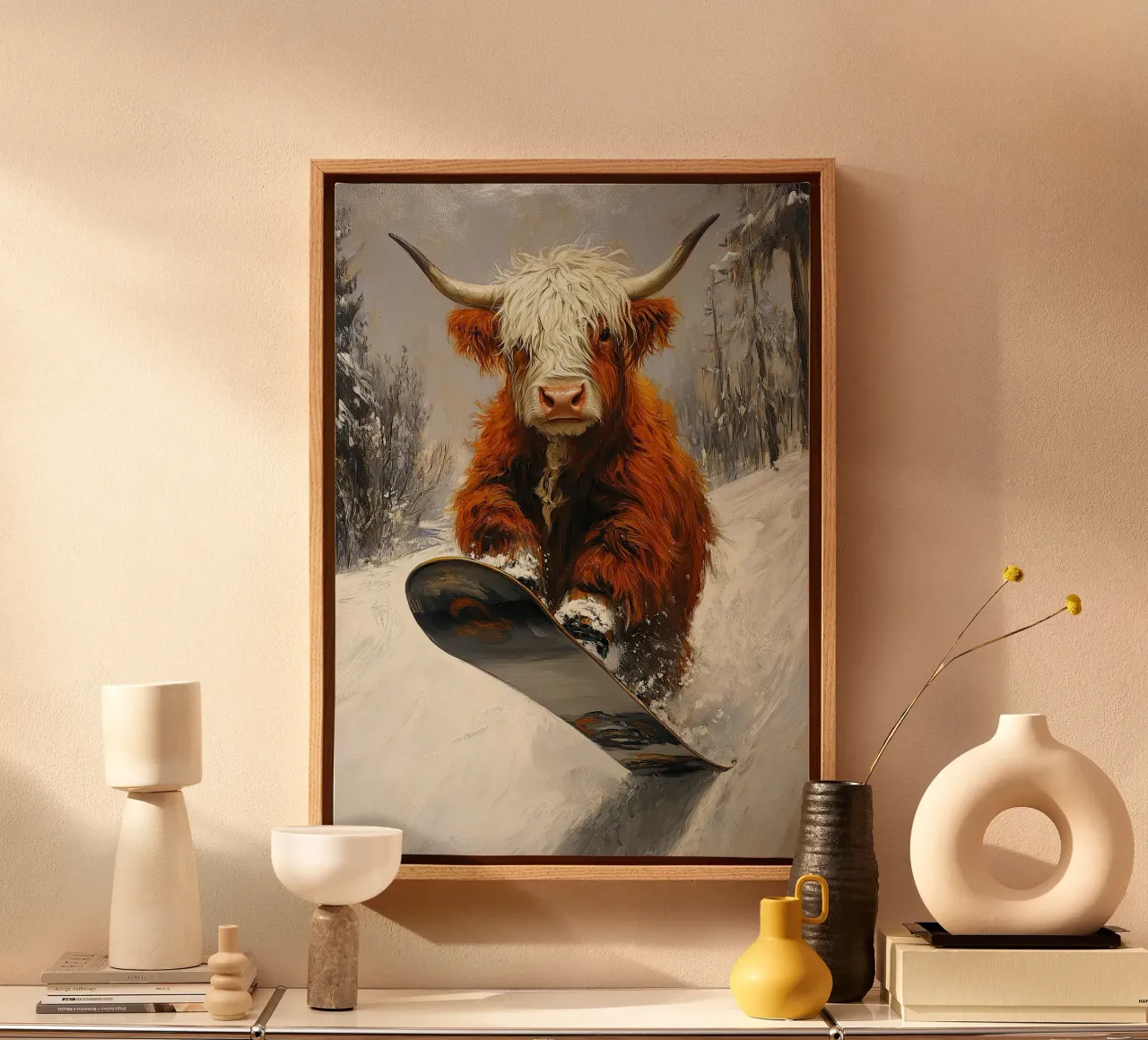 Highland Vaca Snowboard Wintersport Invierno Schnee lienzo con Marco flotante de Nikis Art Studio