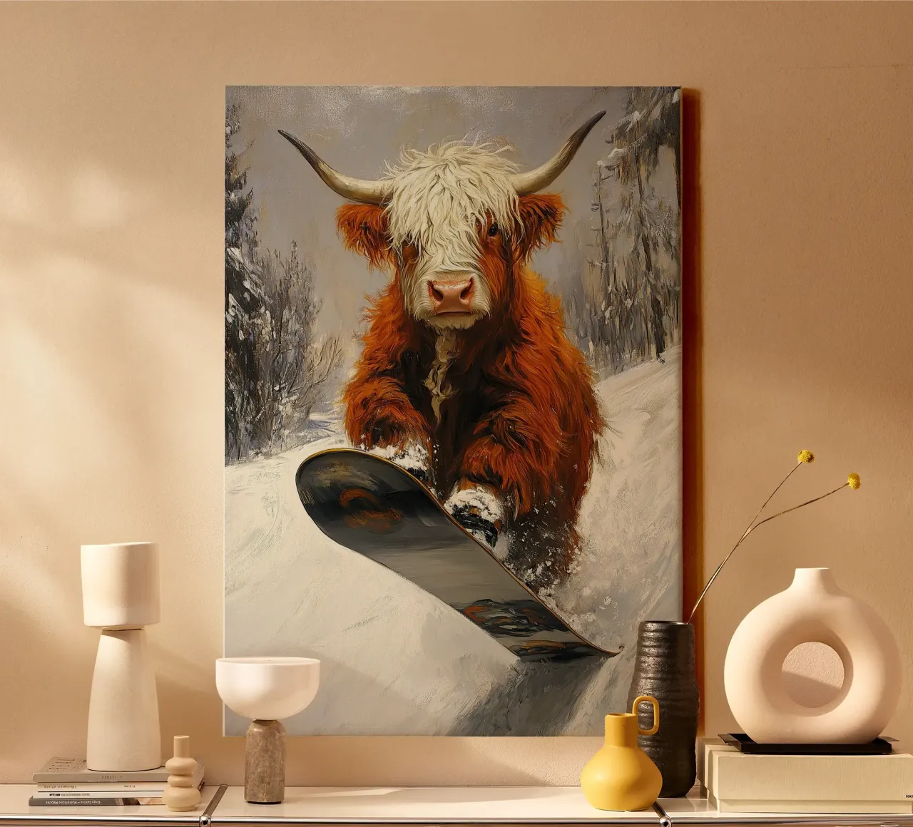 Highland Vaca Snowboard Wintersport Invierno Schnee lienzo con Marco flotante de Nikis Art Studio