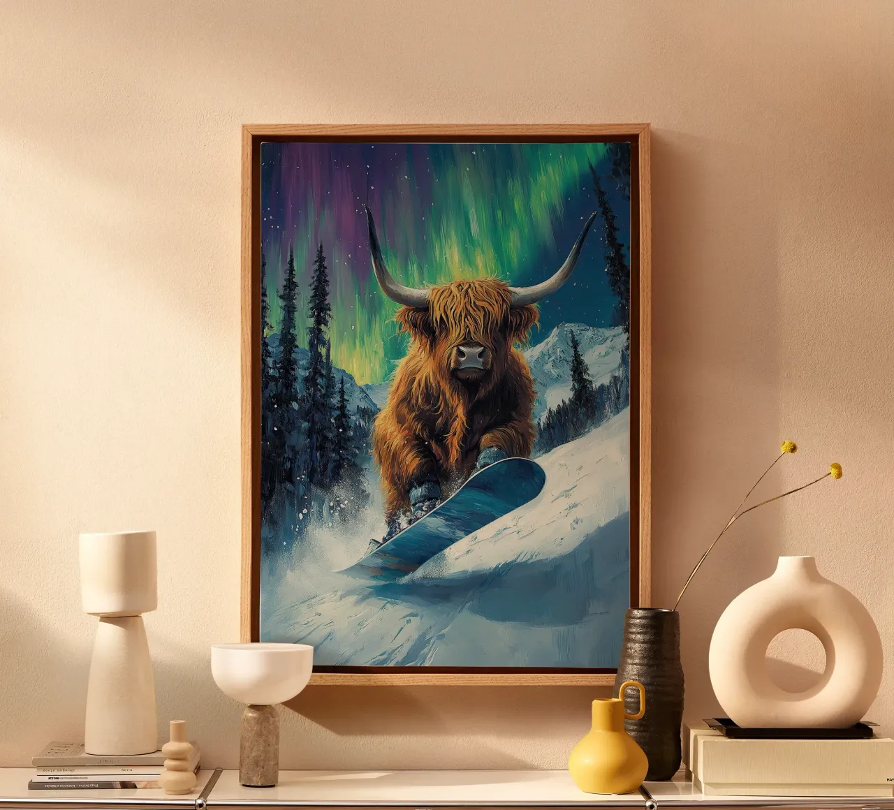 Highland Vaca Snowboard Wintersport Invierno Schnee lienzo con Marco flotante de Nikis Art Studio