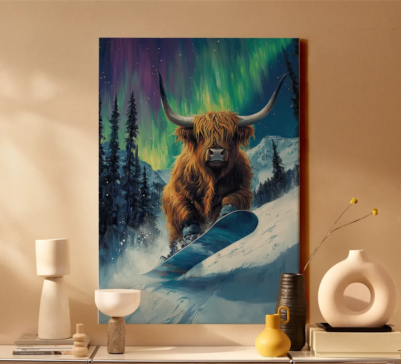 Highland Vaca Snowboard Wintersport Invierno Schnee lienzo con Marco flotante de Nikis Art Studio