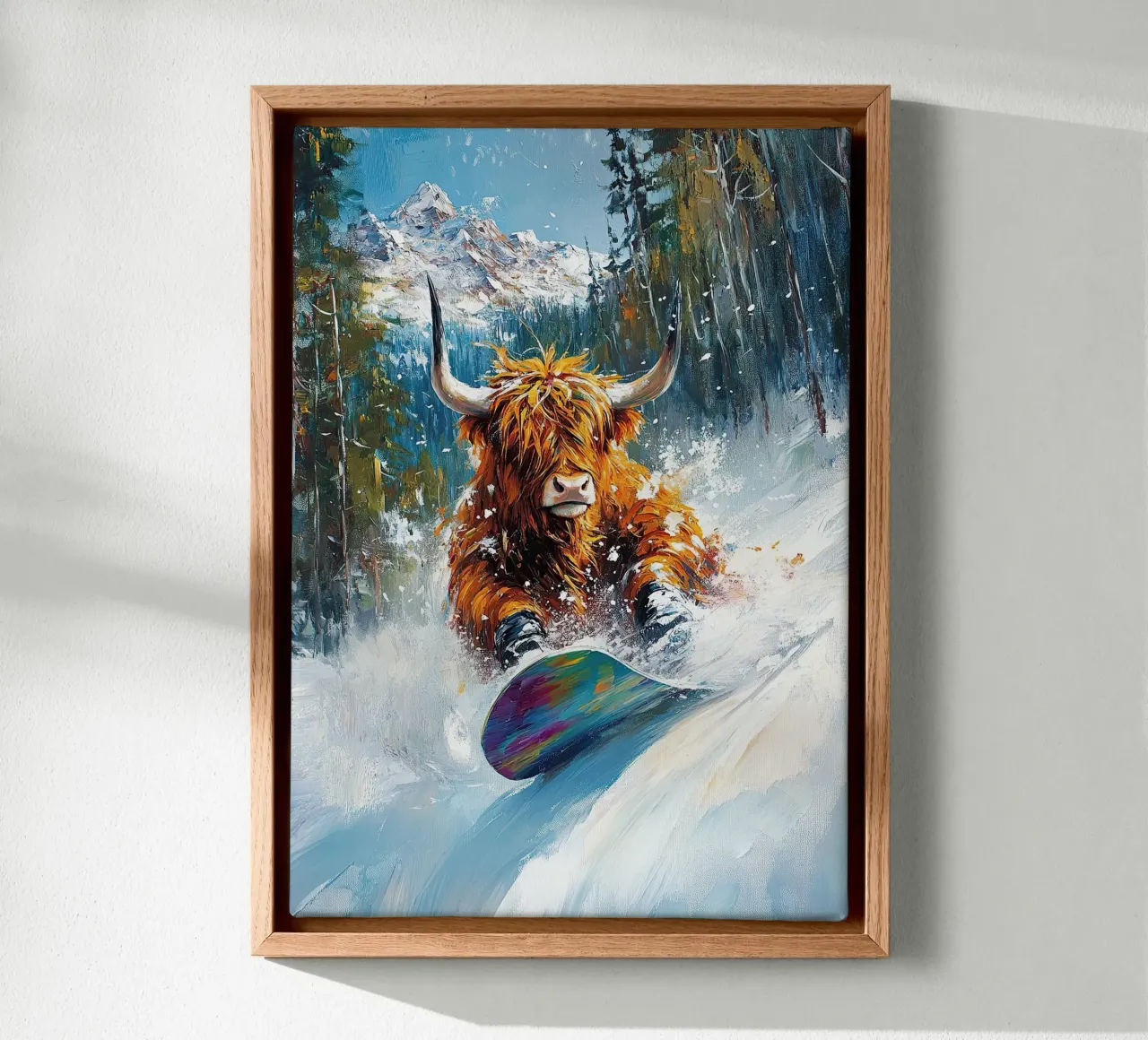 Highland Vaca Snowboard Wintersport Invierno Schnee lienzo con Marco flotante de Nikis Art Studio