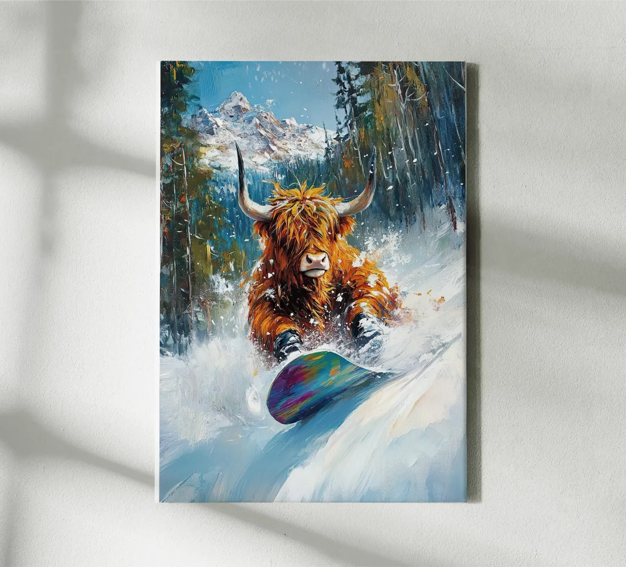 Highland Vaca Snowboard Wintersport Invierno Schnee lienzo con Marco flotante de Nikis Art Studio