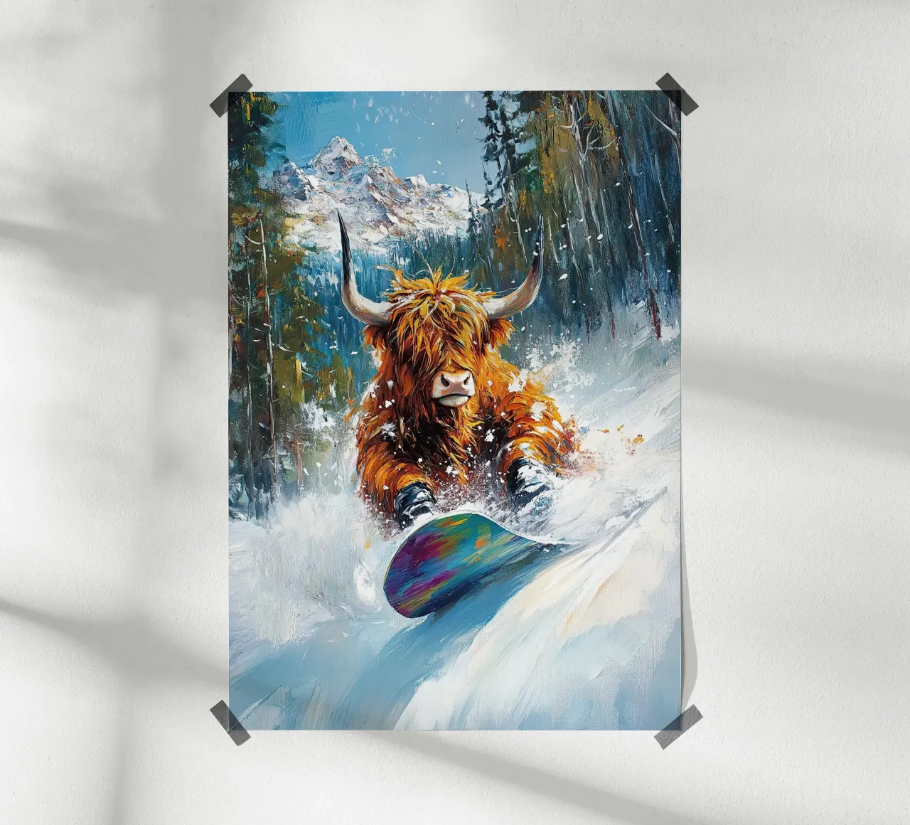 Highland Cow Snowboard Wintersport Winter Schnee poster da Nikis Art Studio