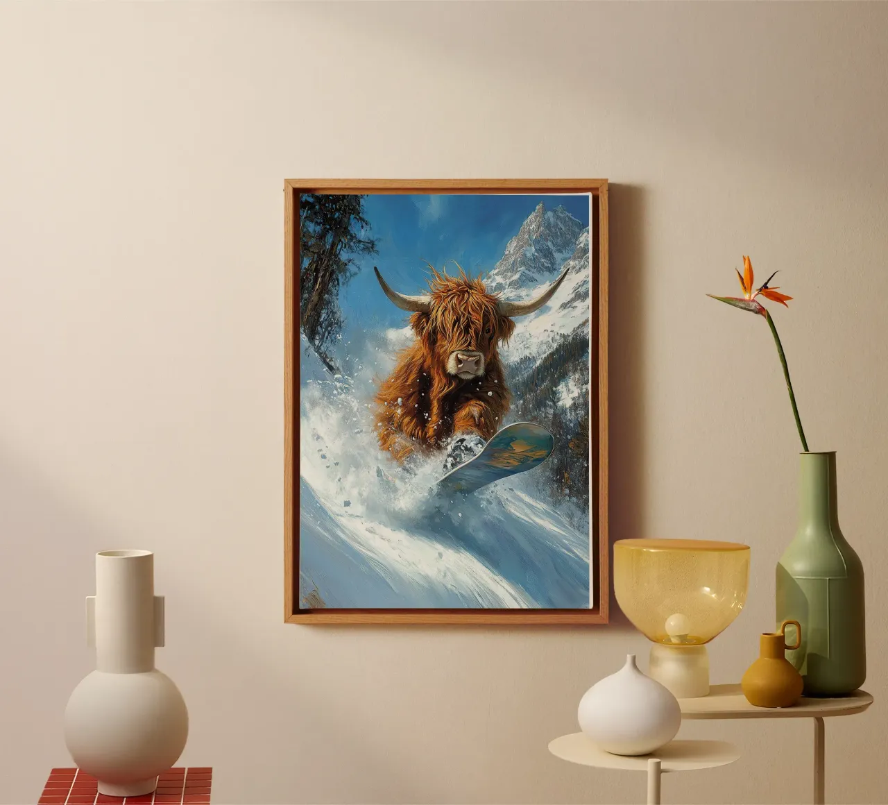 Highland Vaca Snowboard Wintersport Invierno Schnee lienzo con Marco flotante de Nikis Art Studio