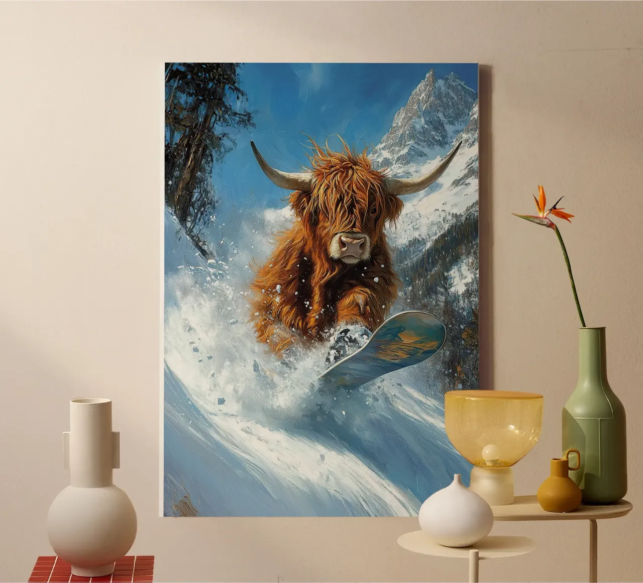 Highland Vaca Snowboard Wintersport Invierno Schnee lienzo con Marco flotante de Nikis Art Studio