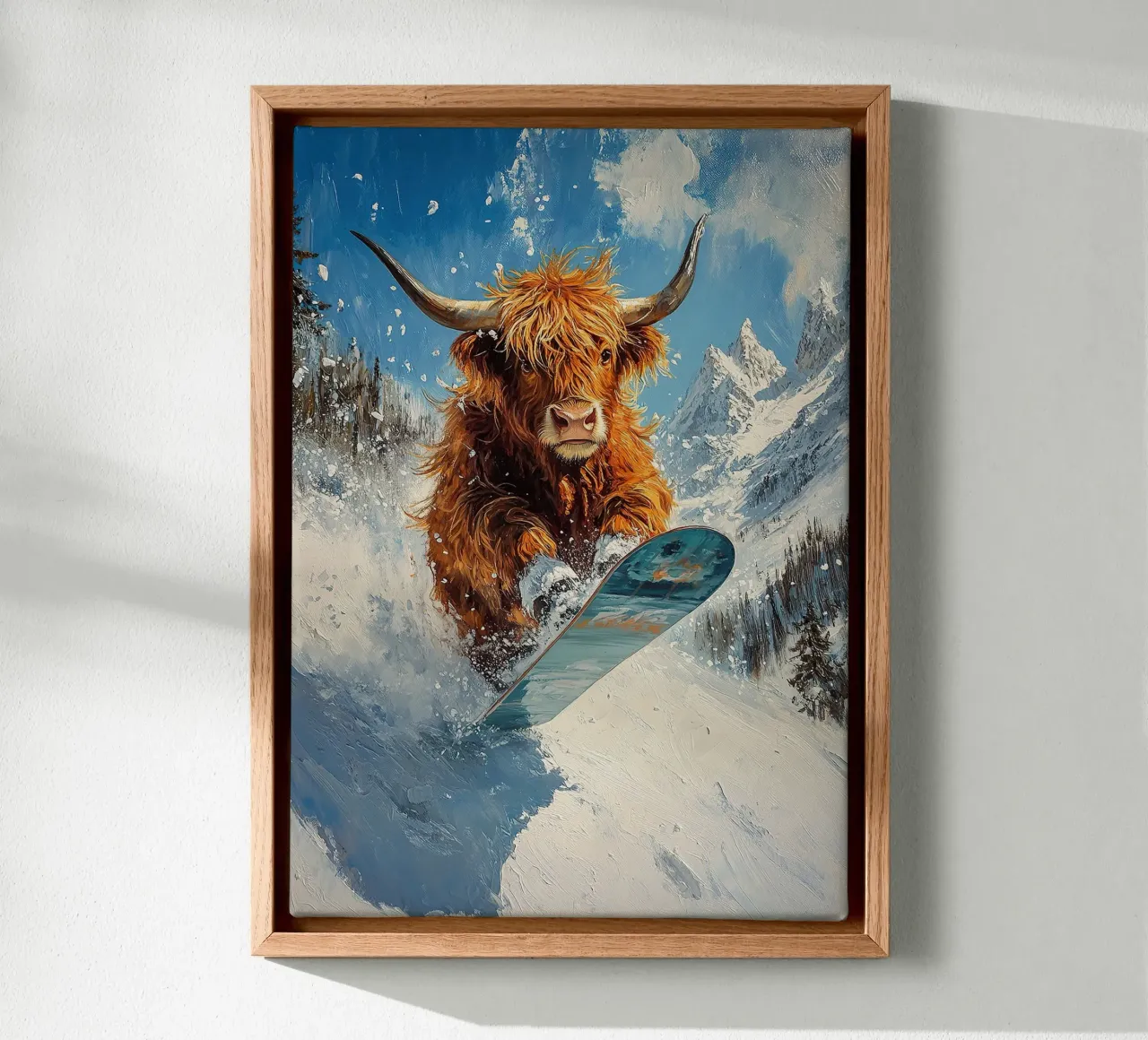 Highland Vaca Snowboard Wintersport Invierno Schnee lienzo con Marco flotante de Nikis Art Studio