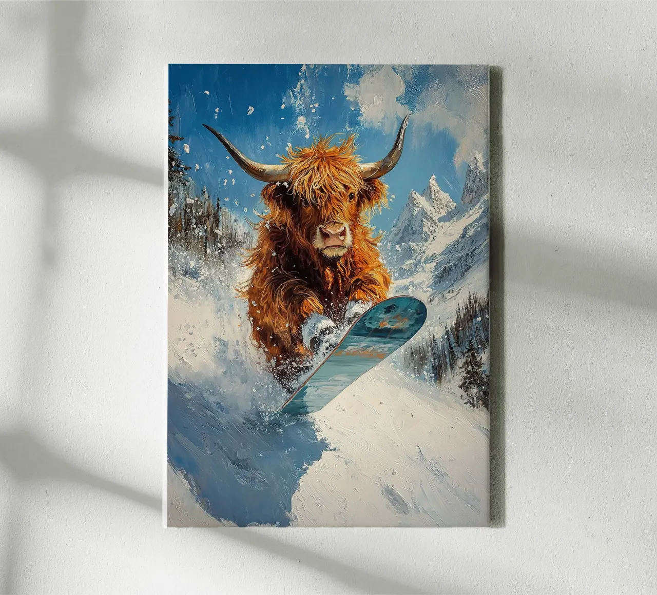 Highland Vaca Snowboard Wintersport Invierno Schnee lienzo con Marco flotante de Nikis Art Studio