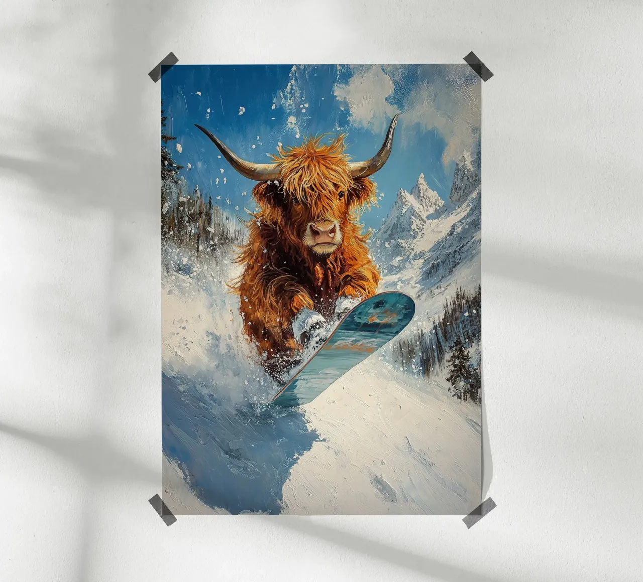 Highland Cow Snowboard Wintersport Winter Schnee poster da Nikis Art Studio