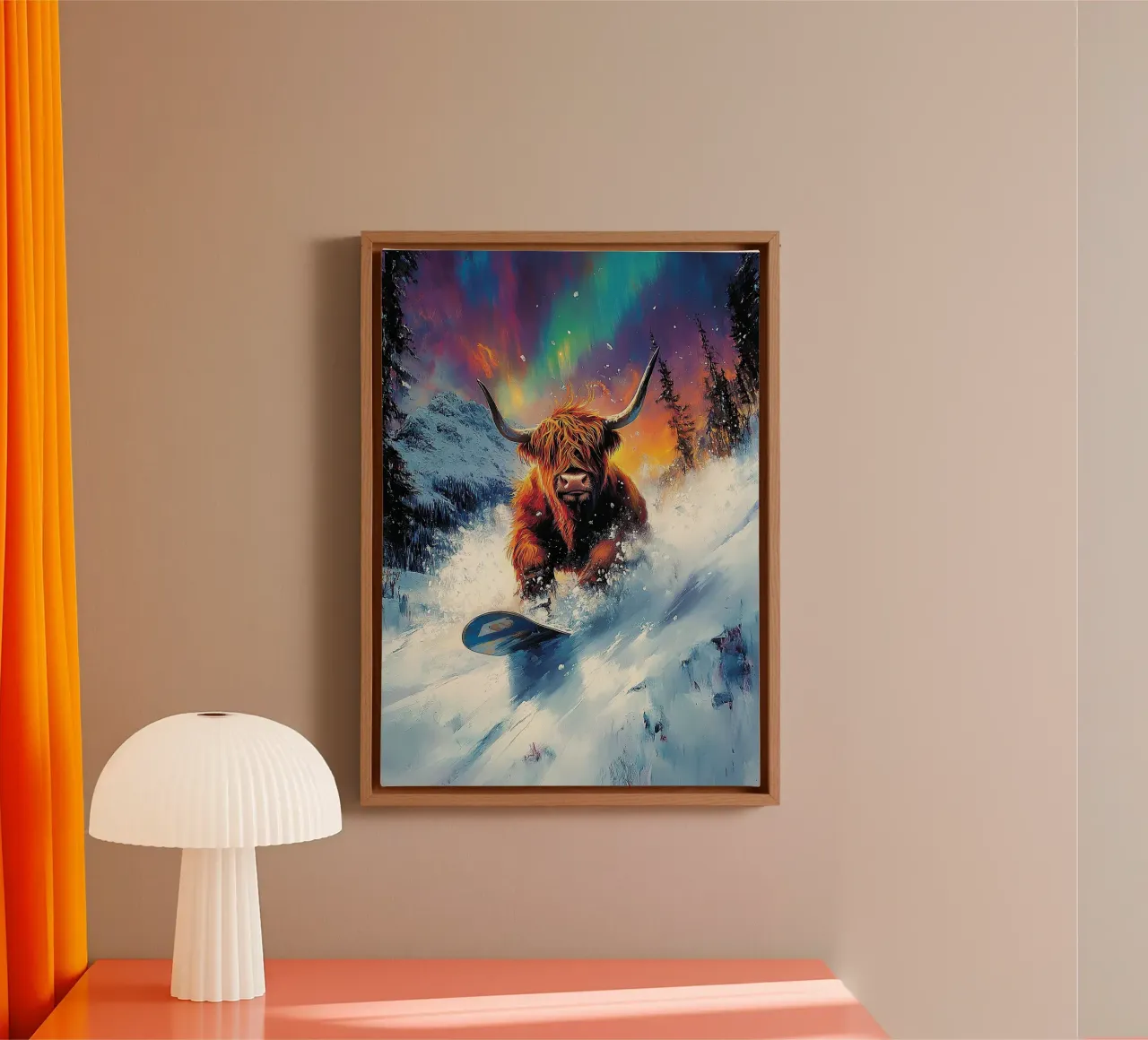 Highland Vaca Snowboard Wintersport Invierno Schnee lienzo con Marco flotante de Nikis Art Studio