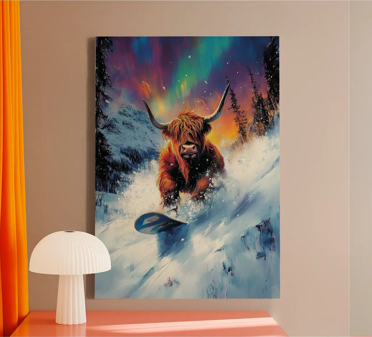 Highland Vaca Snowboard Wintersport Invierno Schnee lienzo con Marco flotante de Nikis Art Studio