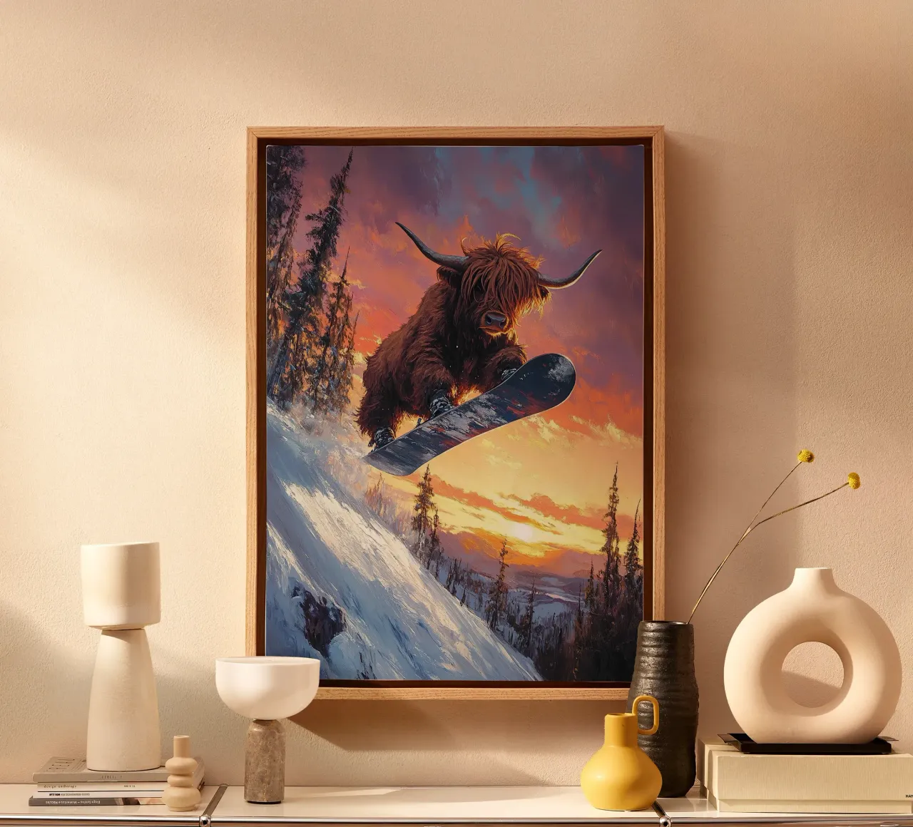 Highland Vaca Snowboard Wintersport Invierno Schnee lienzo con Marco flotante de Nikis Art Studio