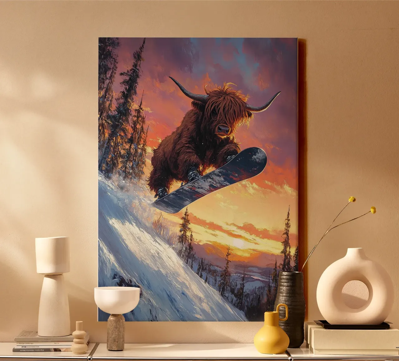 Highland Vaca Snowboard Wintersport Invierno Schnee lienzo con Marco flotante de Nikis Art Studio