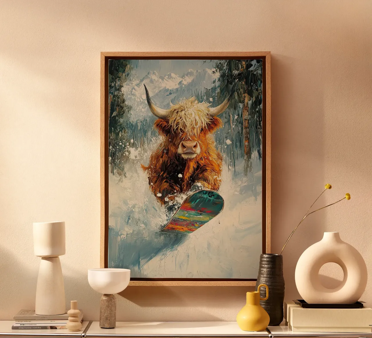 Highland Vaca Snowboard Wintersport Invierno Schnee lienzo con Marco flotante de Nikis Art Studio