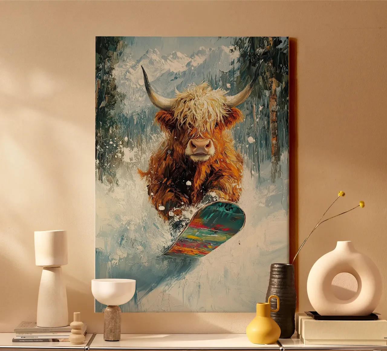 Highland Vaca Snowboard Wintersport Invierno Schnee lienzo con Marco flotante de Nikis Art Studio