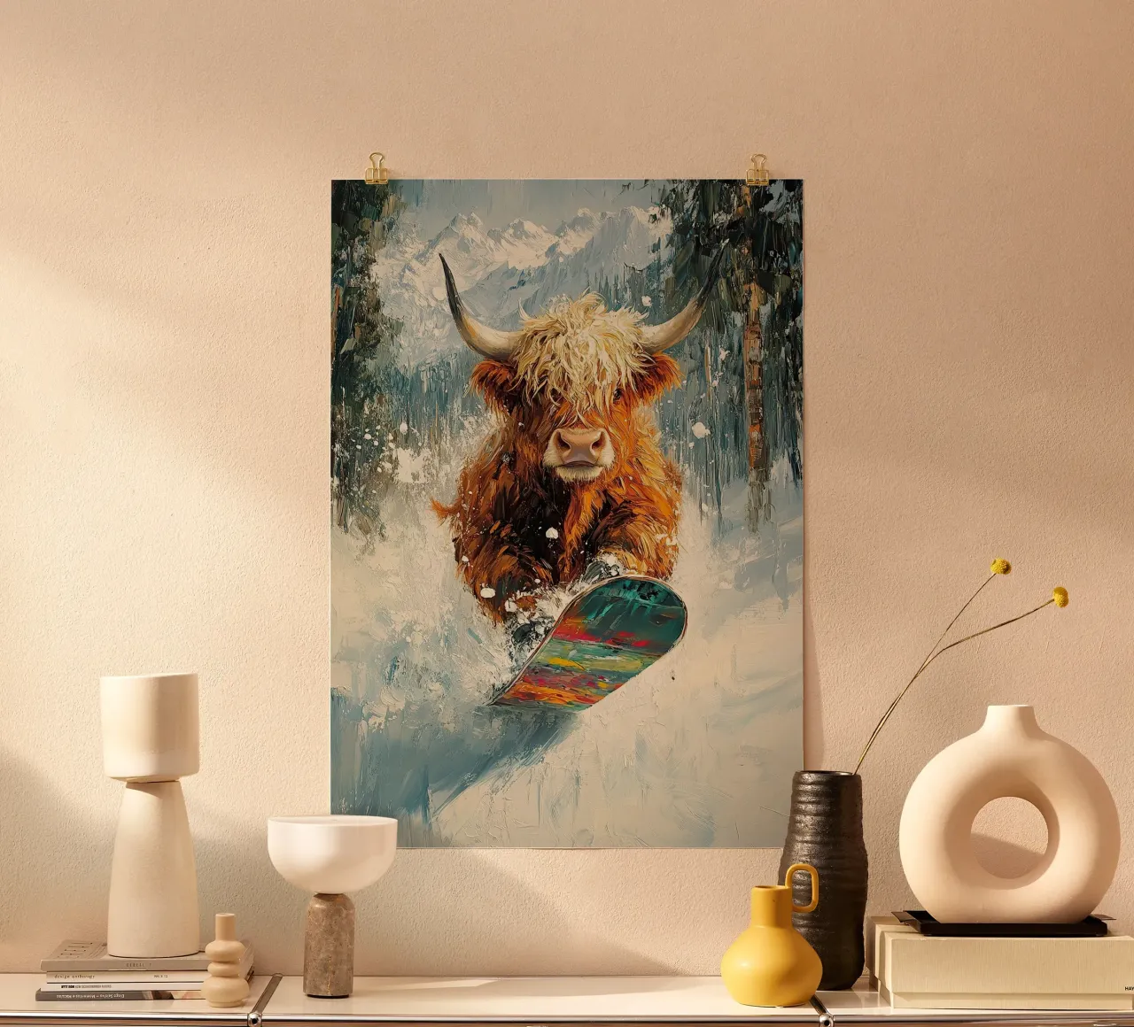 Highland Cow Snowboard Wintersport Winter Schnee poster da Nikis Art Studio