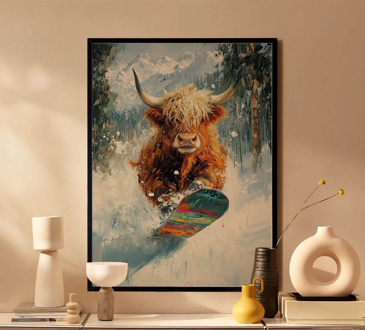 Highland Cow Snowboard Wintersport Winter Schnee poster da Nikis Art Studio