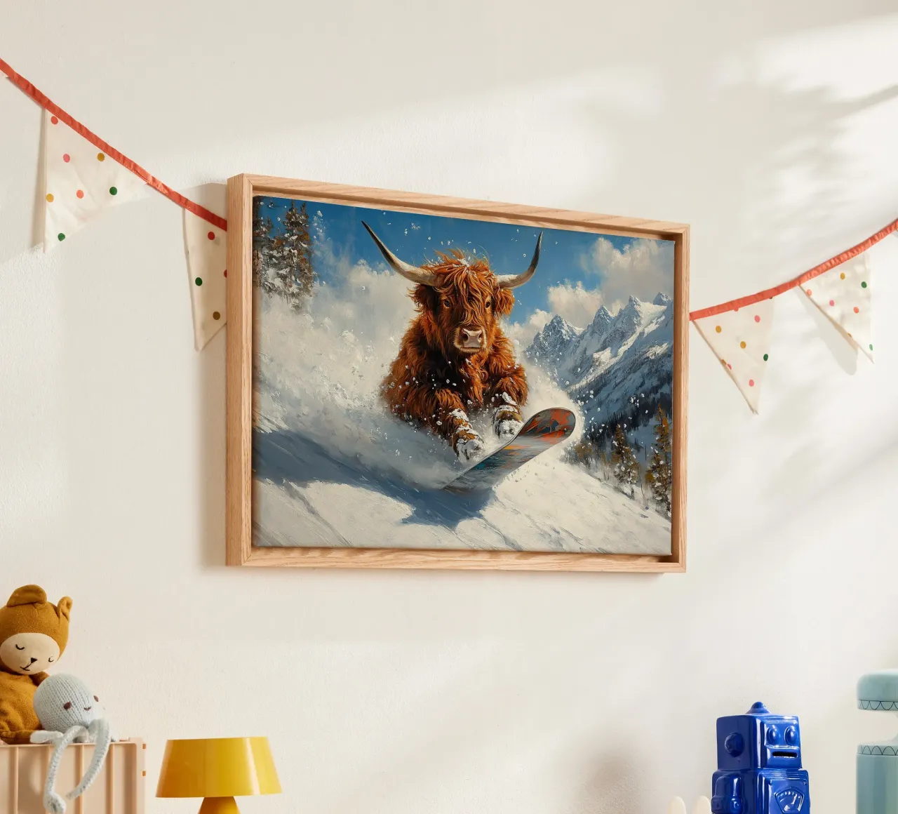 Highland Vaca Snowboard Wintersport Invierno Schnee lienzo con Marco flotante de Nikis Art Studio