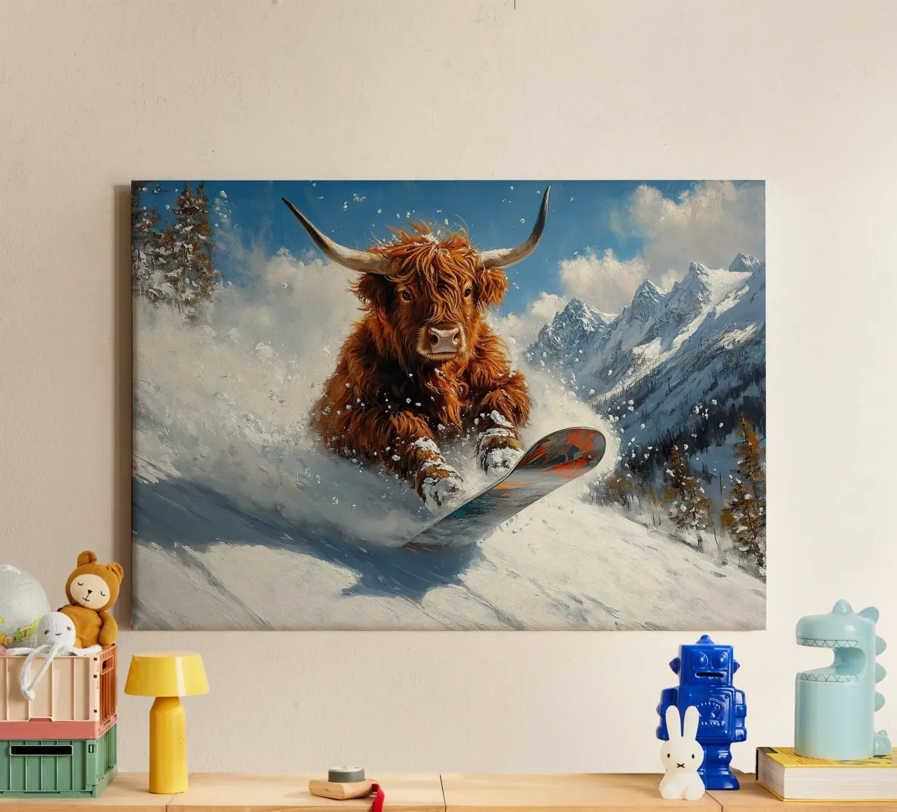 Highland Vaca Snowboard Wintersport Invierno Schnee lienzo con Marco flotante de Nikis Art Studio