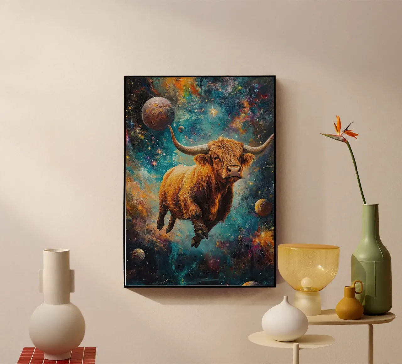 Mucca Highland Viaggi nello spazio plexiglass da Nikis Art Studio