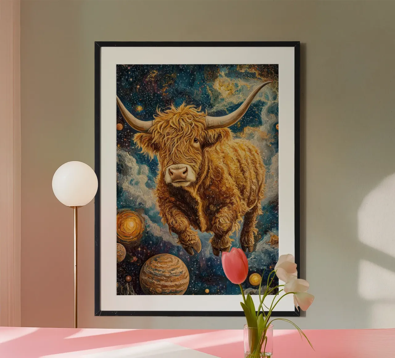 Mucca Highland Viaggi nello spazio poster con telaio in alluminio da Nikis Art Studio