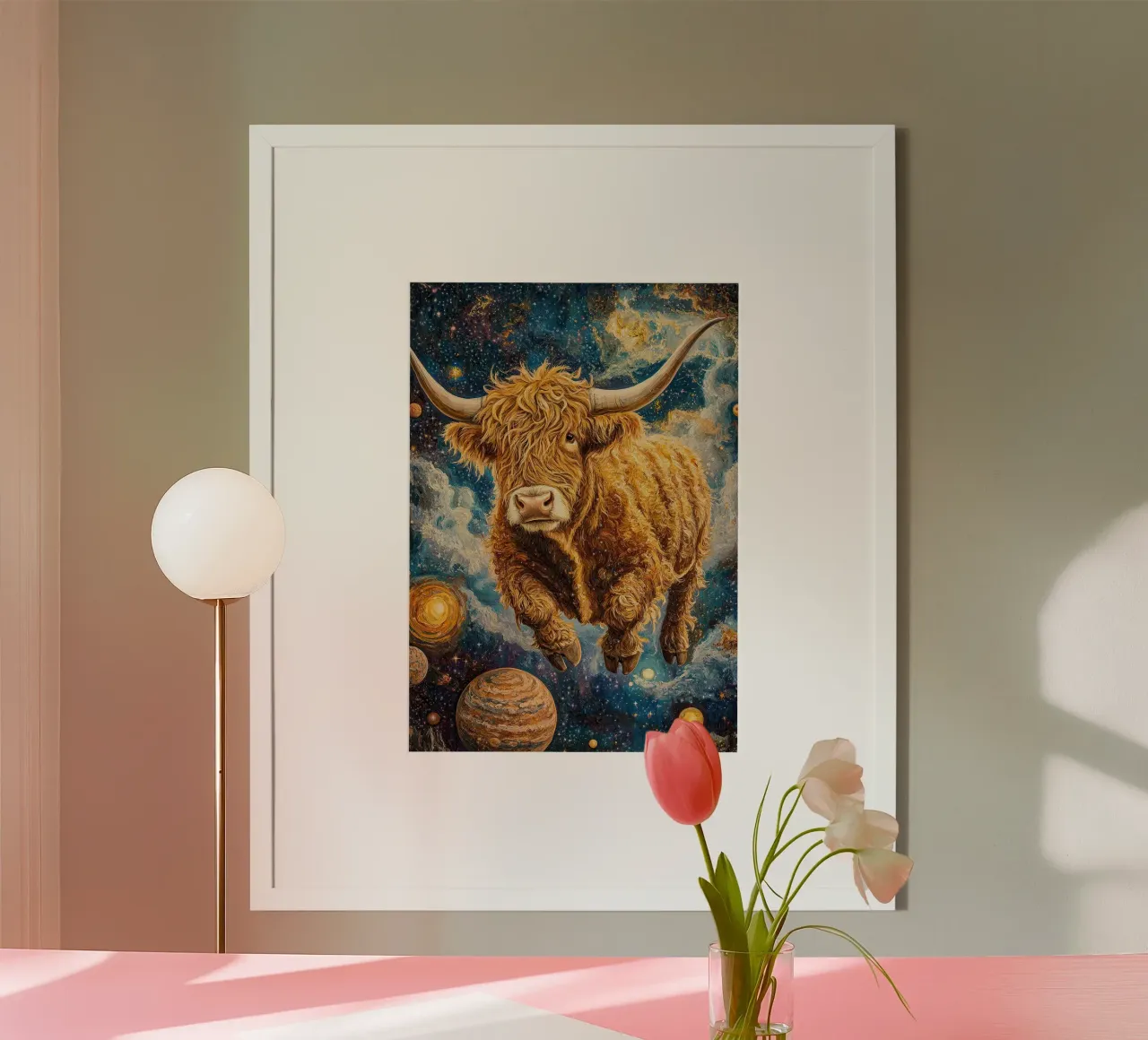 Mucca Highland Viaggi nello spazio poster con telaio in alluminio da Nikis Art Studio